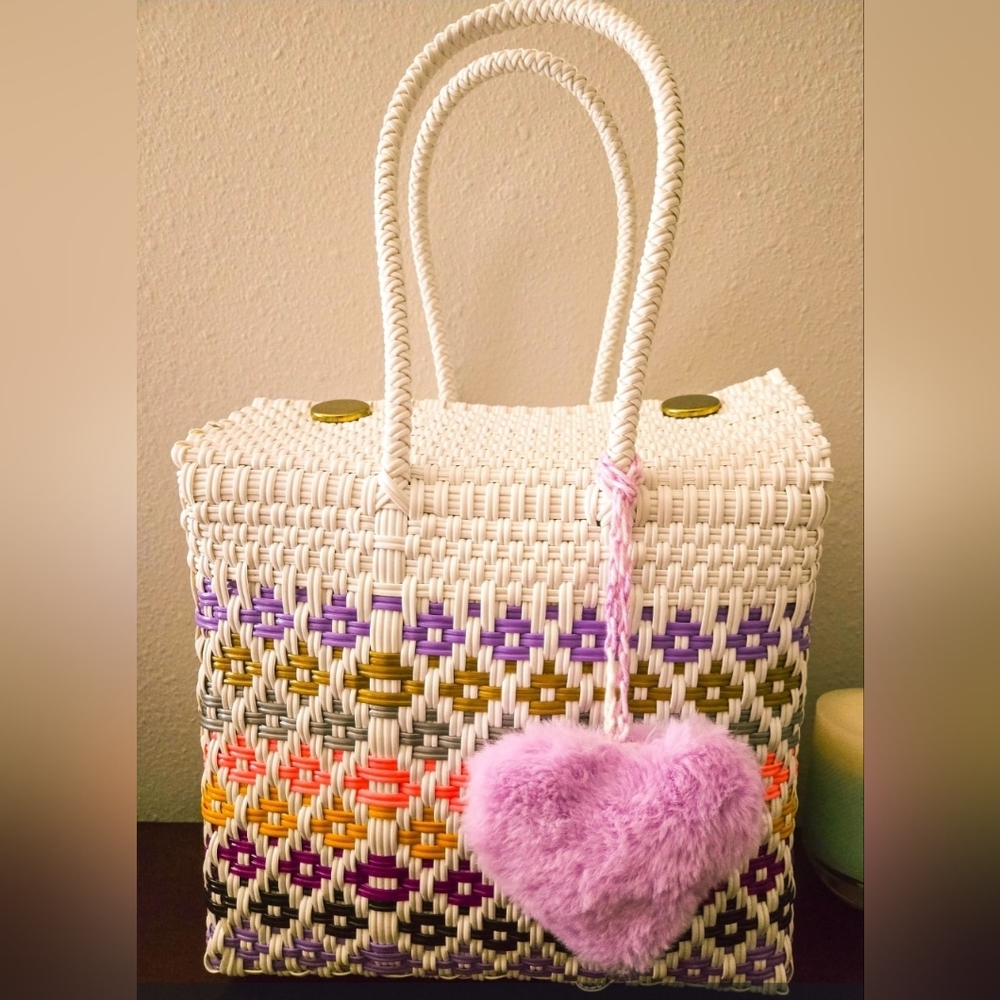 Multicolor Woven Tote Bag with Heart Charm